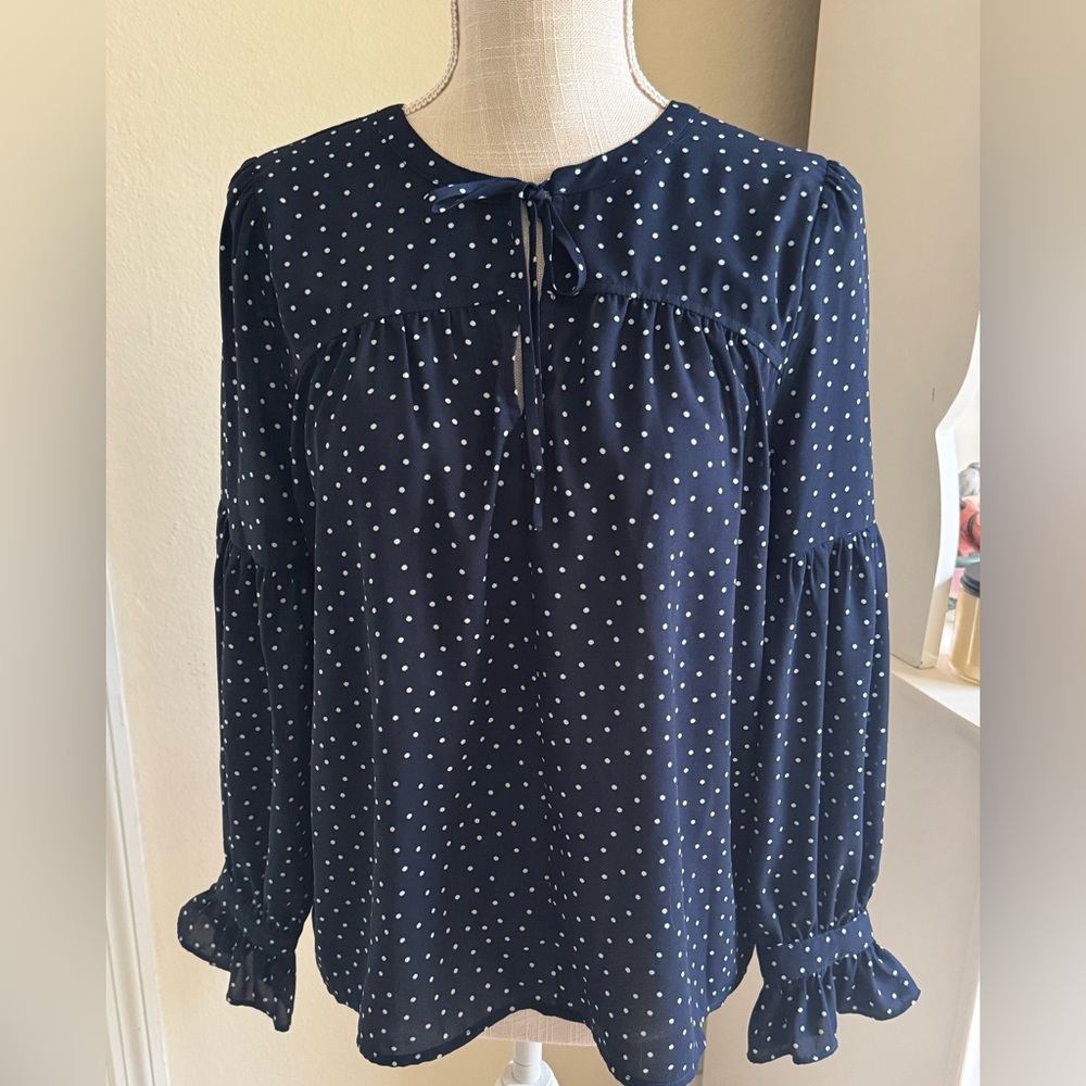 LOFT Navy and White Polka Dot Blouse